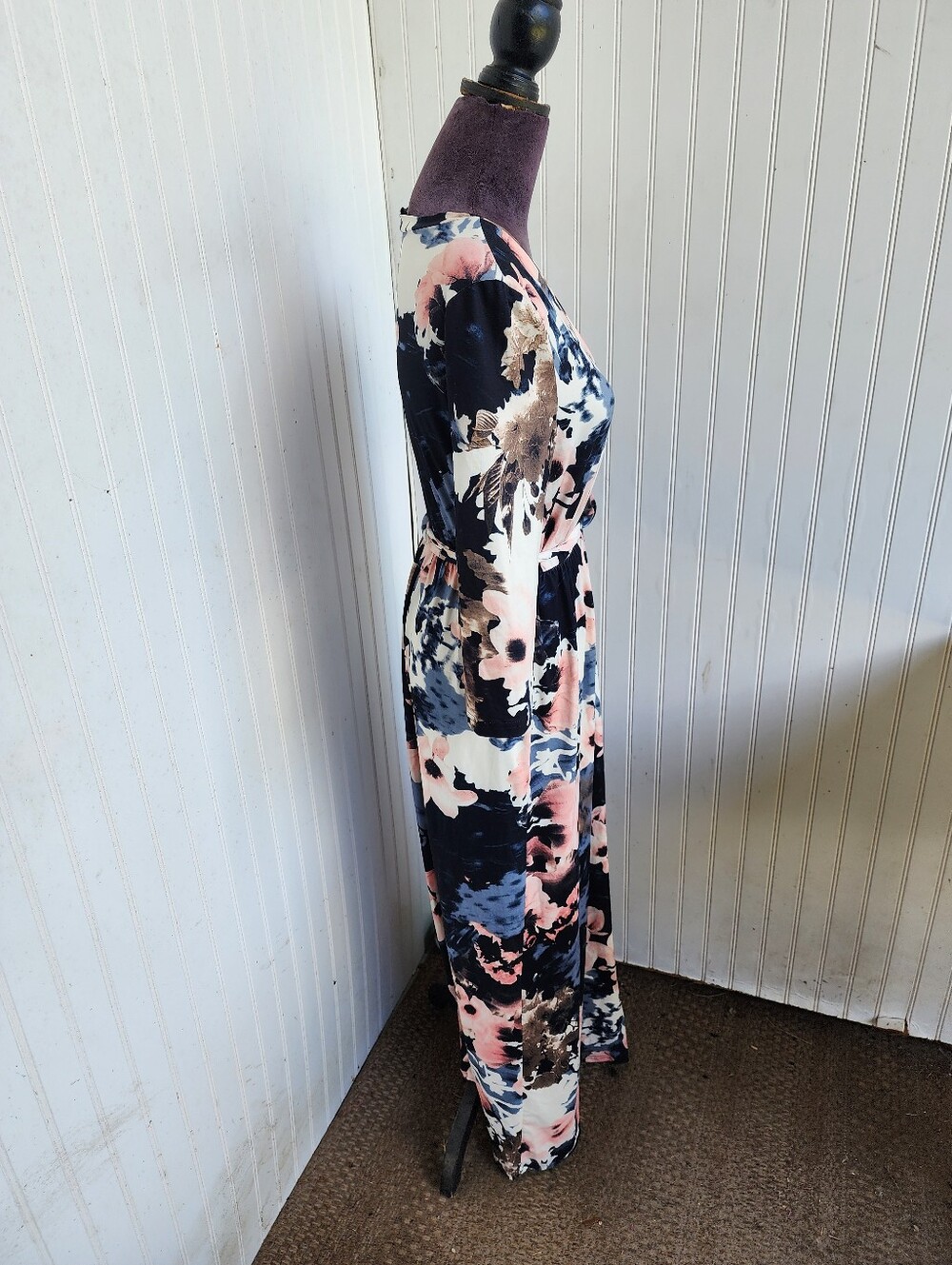 Zattcas Women's 3/4 Sleeve Floral Faux Wrap Maxi Dress w/ Belt Soft White Pink M - Picture 6 of 14